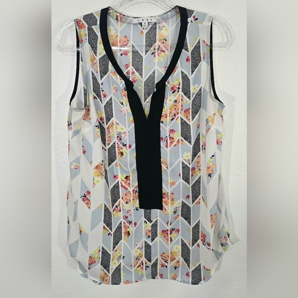 CAbi #249 Grosgrain Ribbon Blouse Geometric Floral Print Lightweight Flowy, M